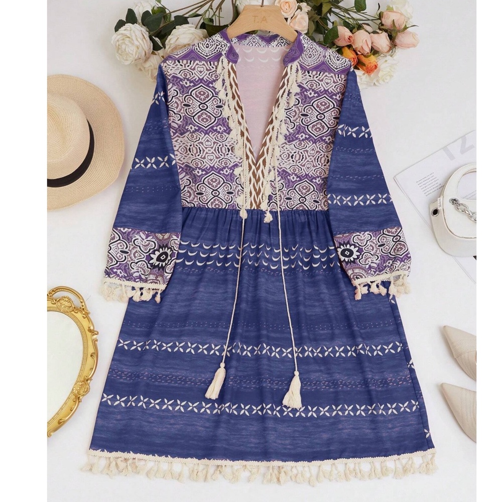 06 Boho Notched Neck Tassel 3/4 sleeve Mini Dress - Picture 2 of 6